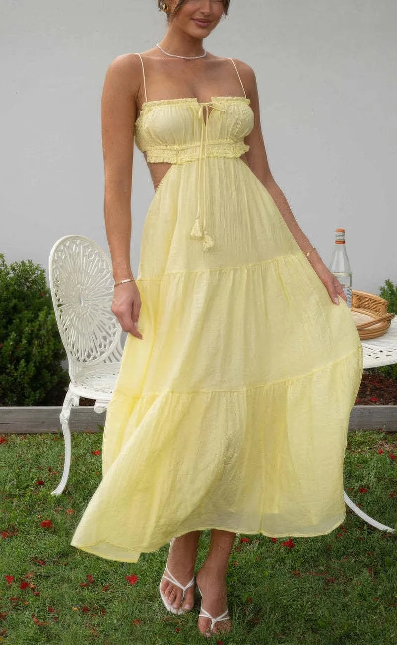ebossy Women's Cut Out Ruffled Long Boho Dress Sexy Spaghetti Straps Open Back Flowy Sundress