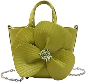 Elegant PU Leather Floral Purse Small Bucket Bag with Chain Strap for Women Evening Party Crossbody Shoulder Handbag