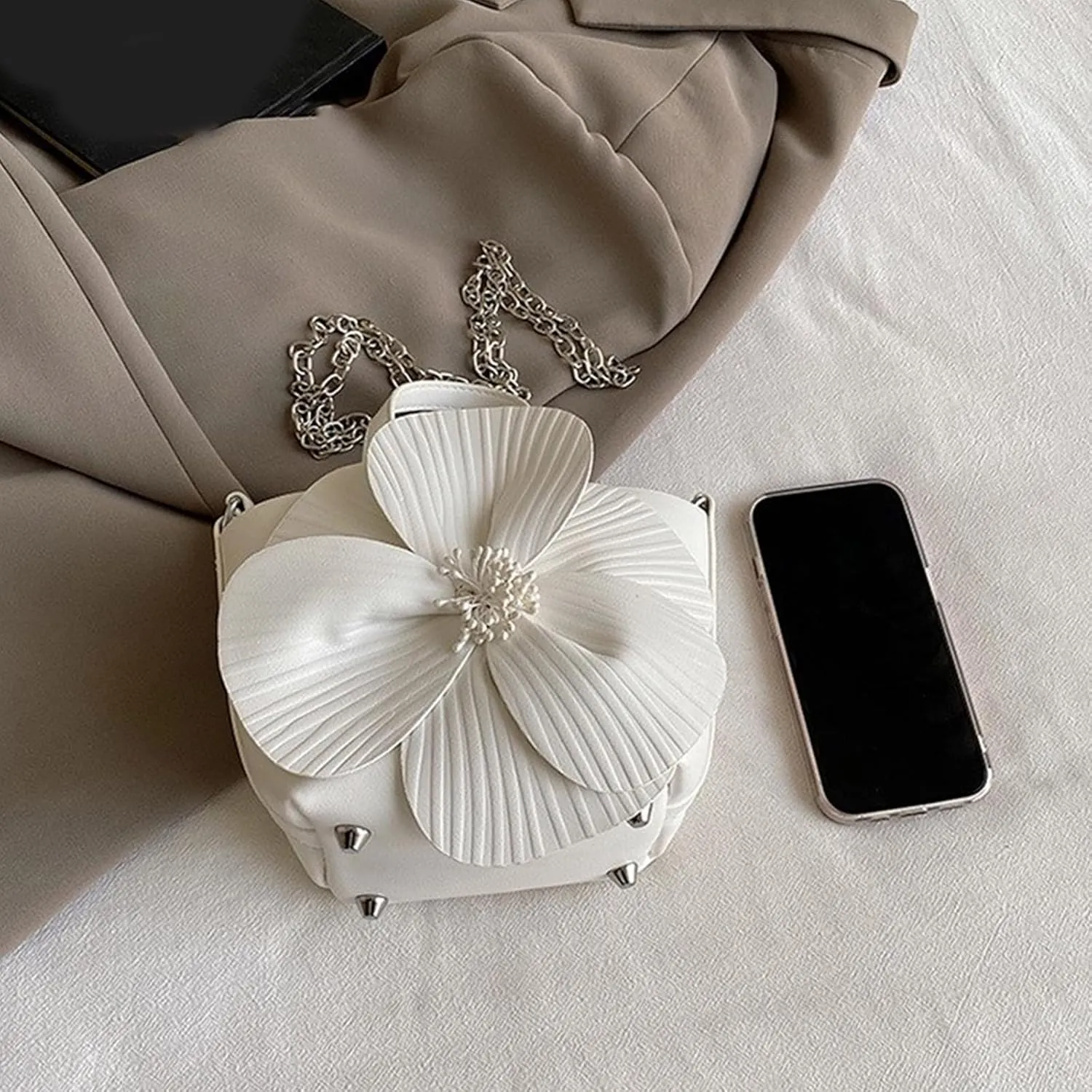 Elegant PU Leather Floral Purse Small Bucket Bag with Chain Strap for Women Evening Party Crossbody Shoulder Handbag