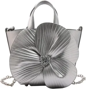 Elegant PU Leather Floral Purse Small Bucket Bag with Chain Strap for Women Evening Party Crossbody Shoulder Handbag