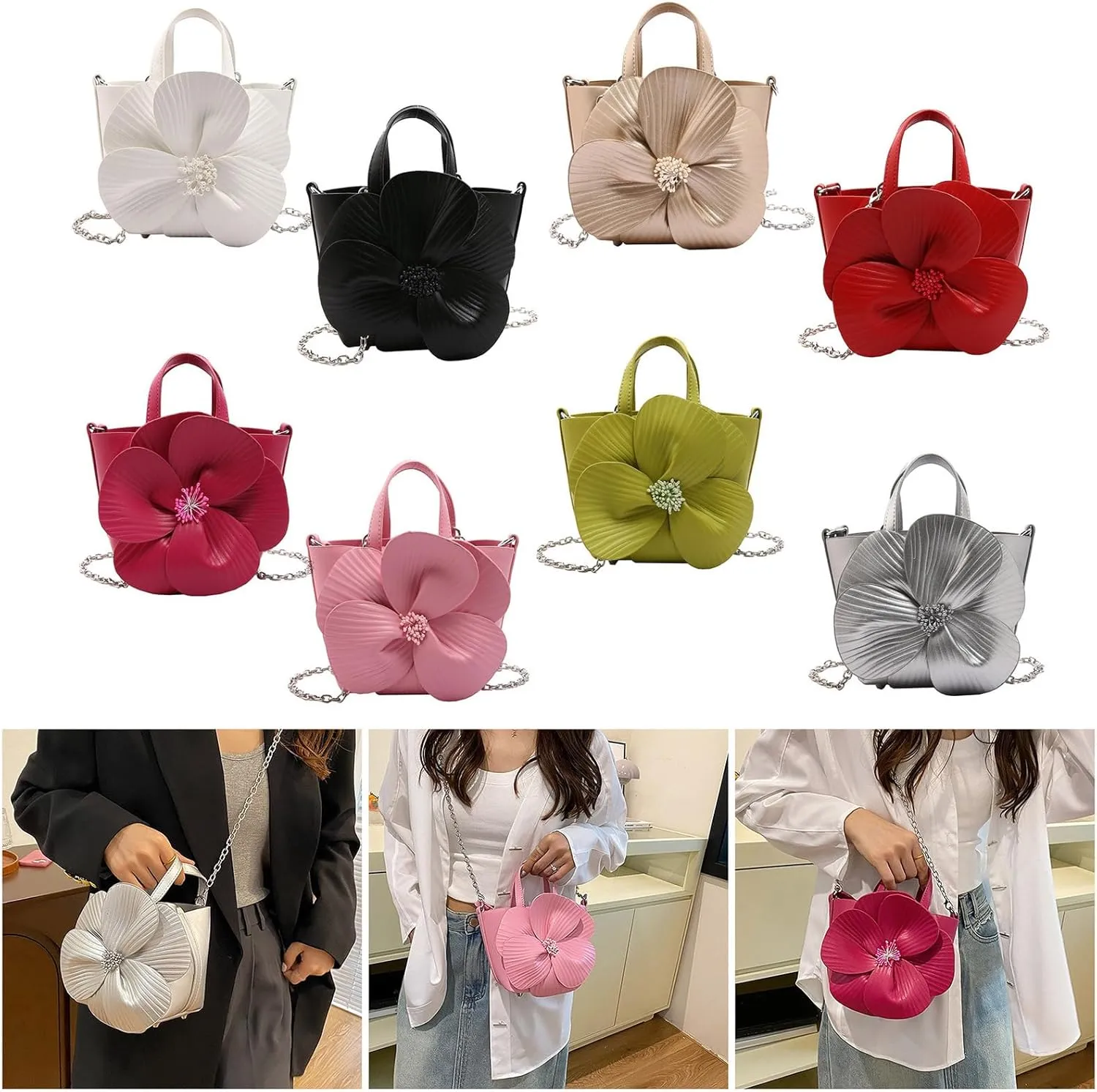 Elegant PU Leather Floral Purse Small Bucket Bag with Chain Strap for Women Evening Party Crossbody Shoulder Handbag