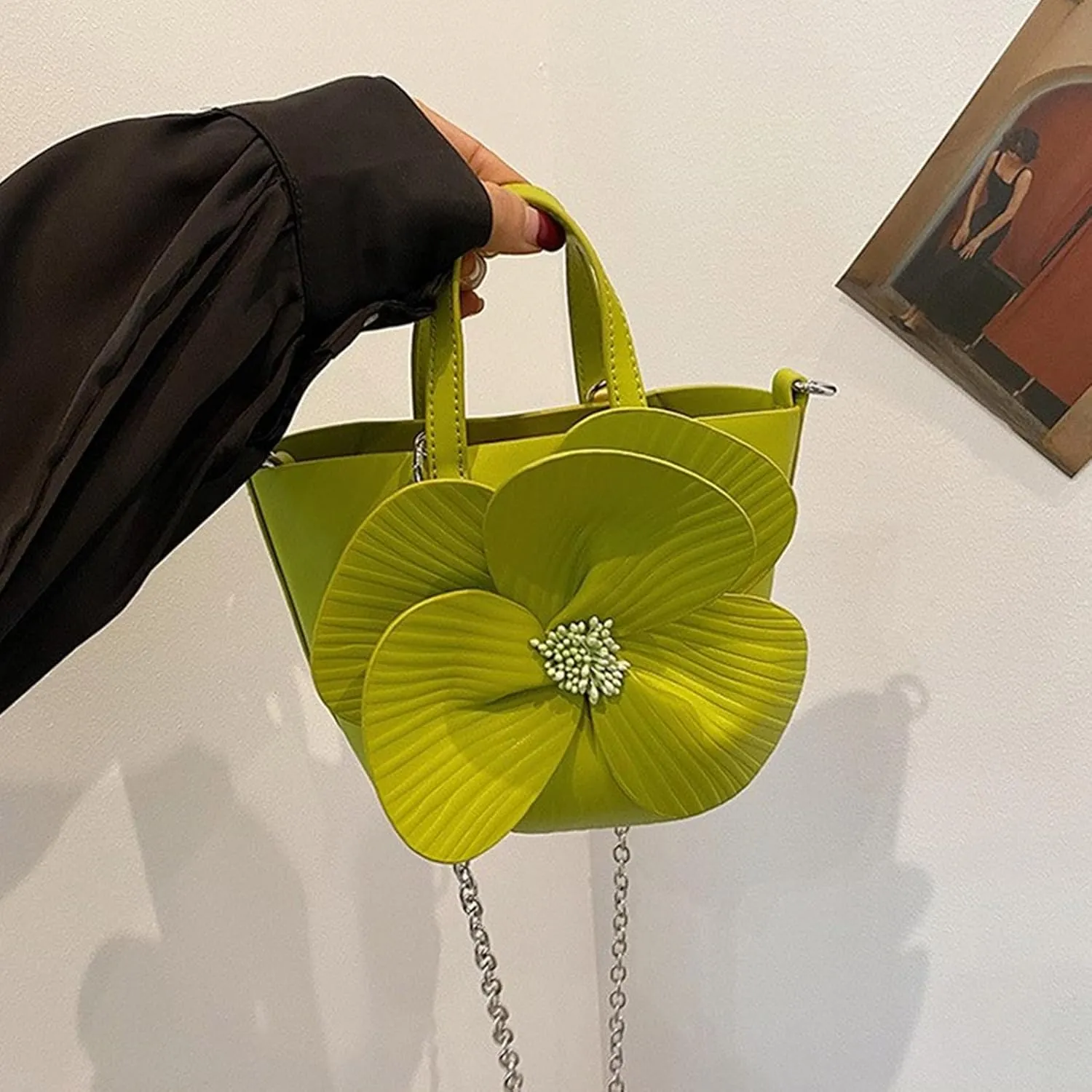 Elegant PU Leather Floral Purse Small Bucket Bag with Chain Strap for Women Evening Party Crossbody Shoulder Handbag