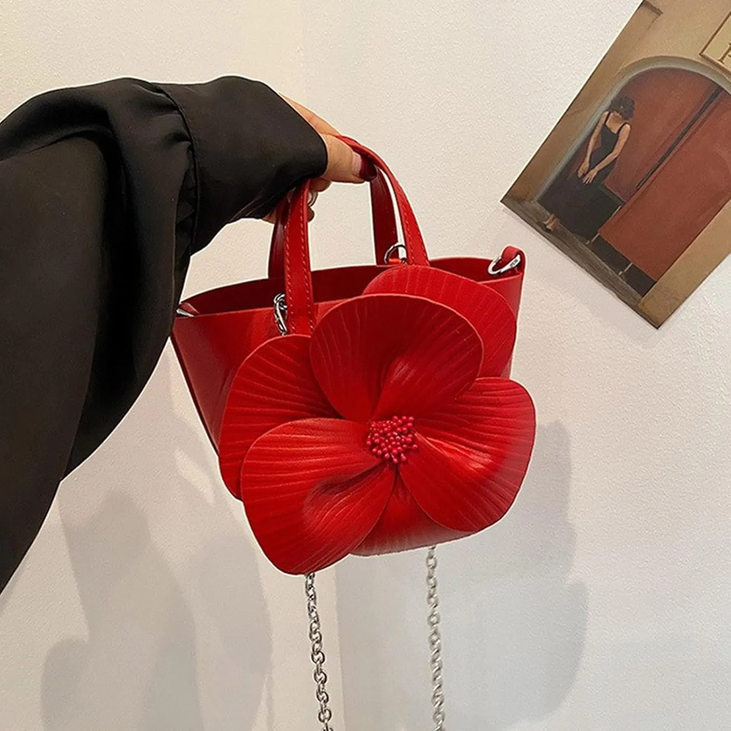 Elegant PU Leather Floral Purse Small Bucket Bag with Chain Strap for Women Evening Party Crossbody Shoulder Handbag