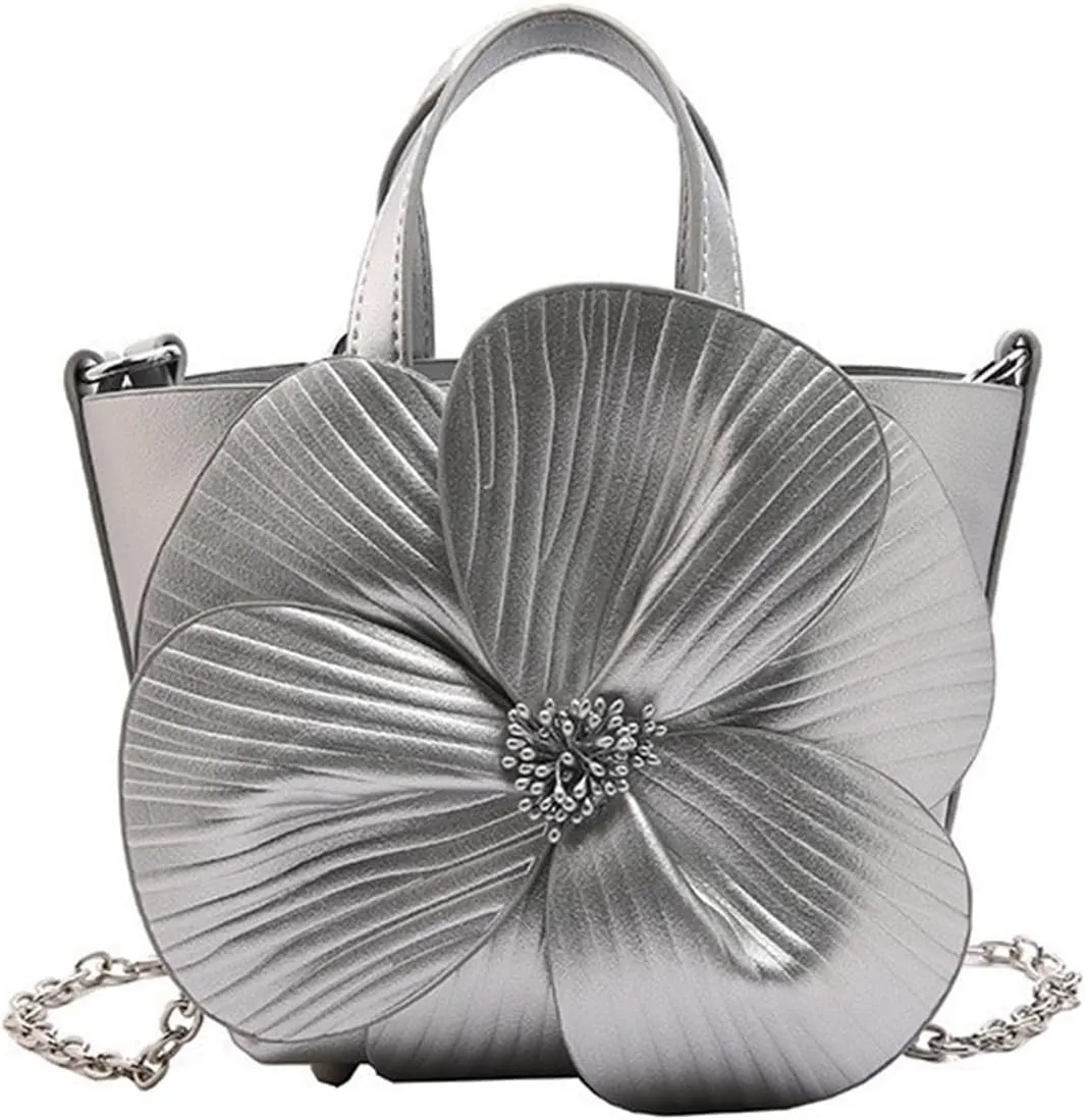 Elegant PU Leather Floral Purse Small Bucket Bag with Chain Strap for Women Evening Party Crossbody Shoulder Handbag