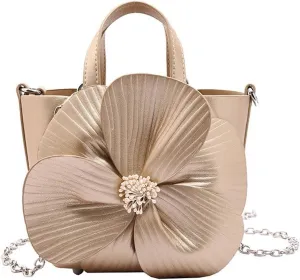 Elegant PU Leather Floral Purse Small Bucket Bag with Chain Strap for Women Evening Party Crossbody Shoulder Handbag