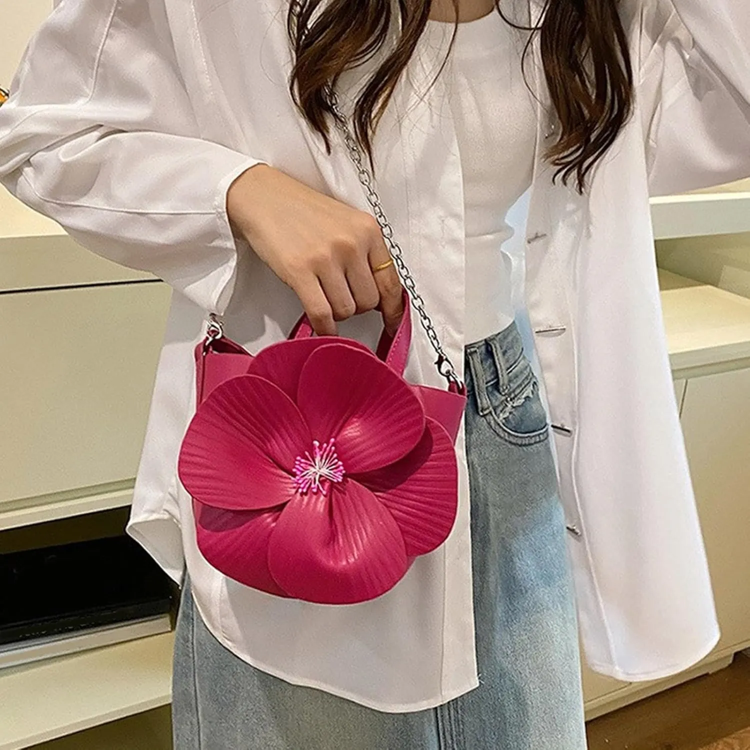 Elegant PU Leather Floral Purse Small Bucket Bag with Chain Strap for Women Evening Party Crossbody Shoulder Handbag