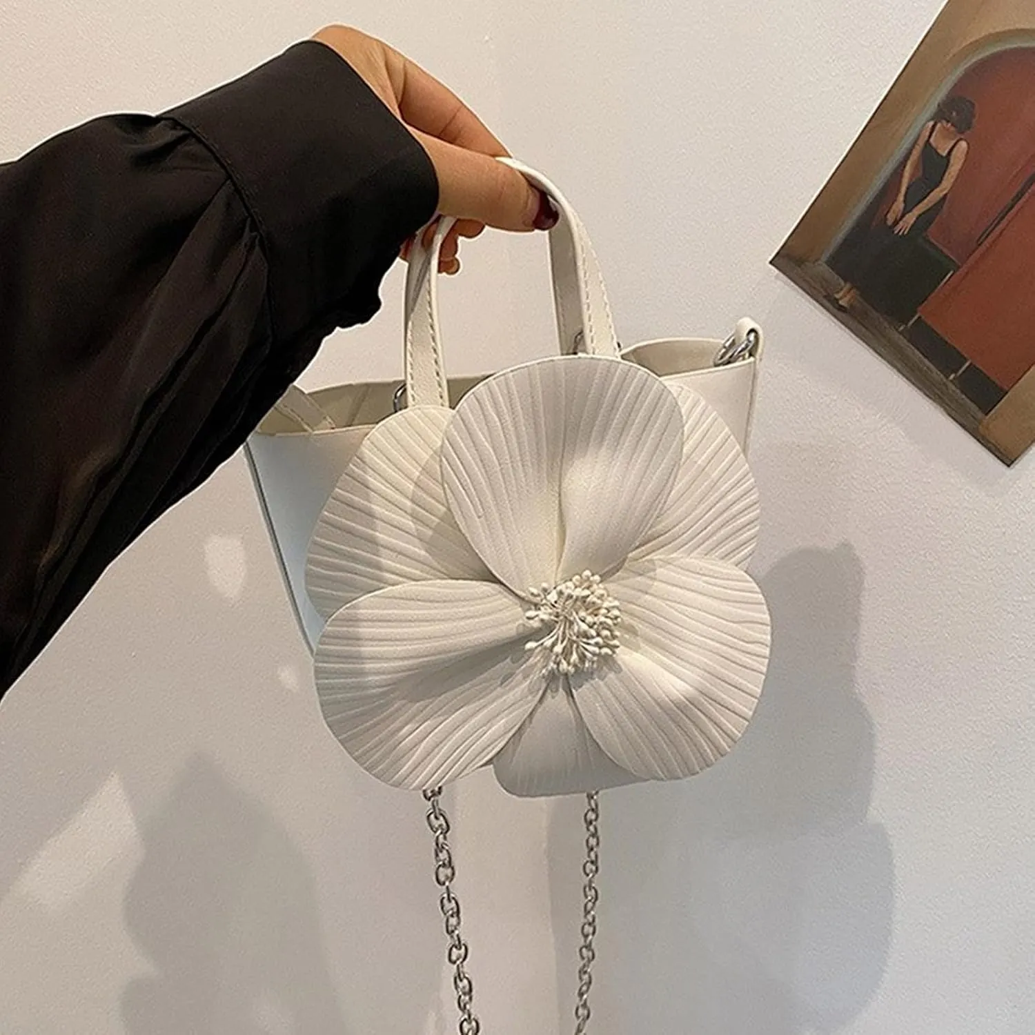 Elegant PU Leather Floral Purse Small Bucket Bag with Chain Strap for Women Evening Party Crossbody Shoulder Handbag