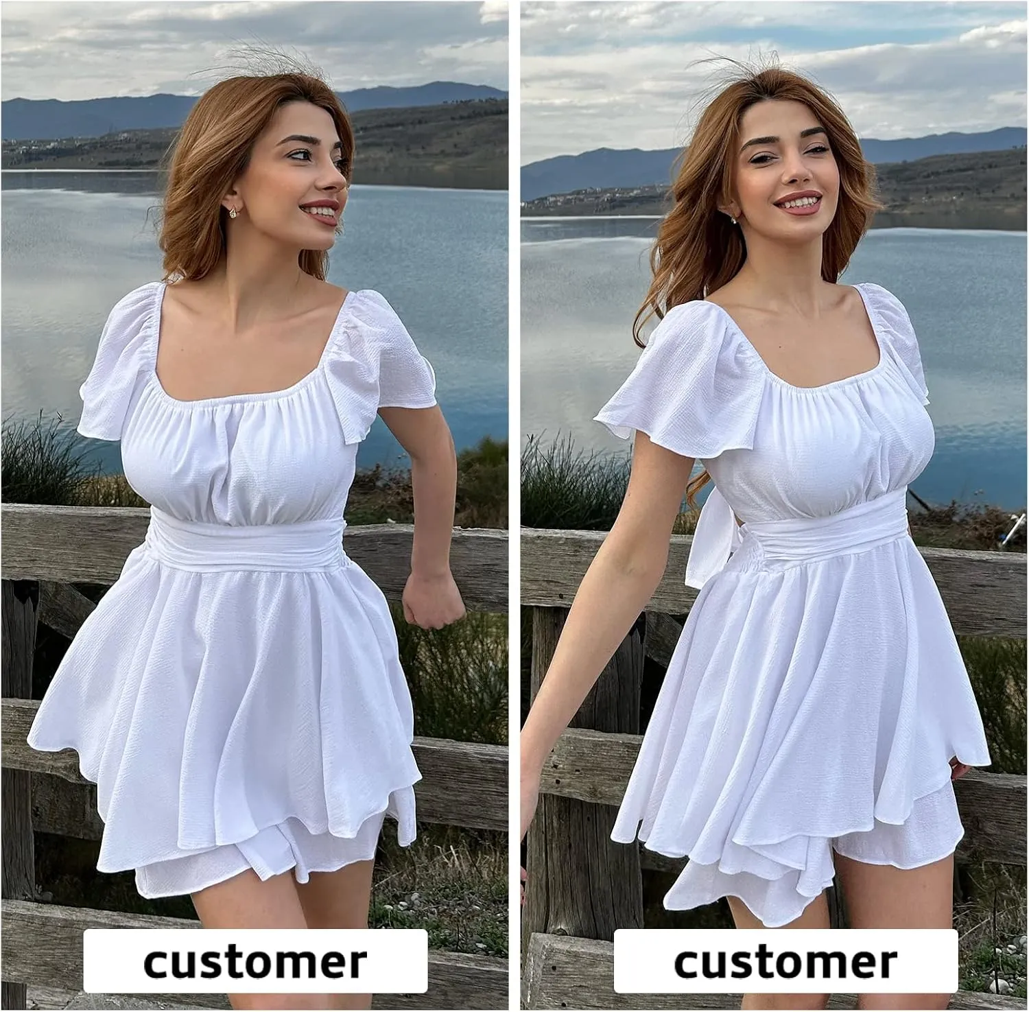 EXLURA Women's 2025 Summer Ruffle Short Sleeve Tie Back Romper Dress Square Neck A Line Cute Dressy Short Jumpsuits