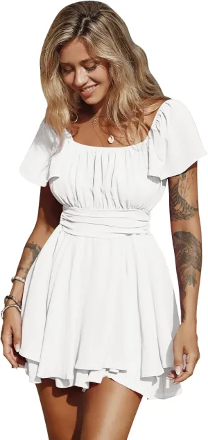 EXLURA Women's 2025 Summer Ruffle Short Sleeve Tie Back Romper Dress Square Neck A Line Cute Dressy Short Jumpsuits