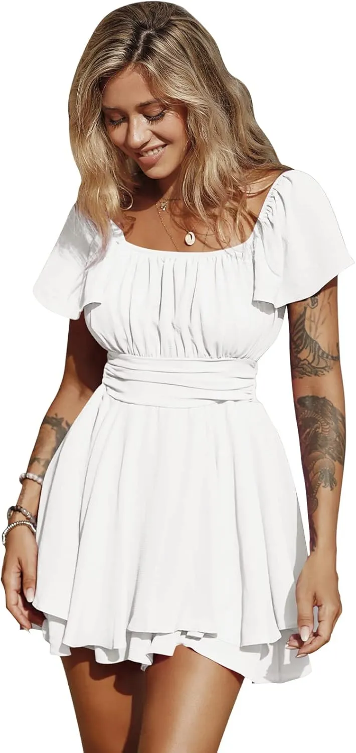 EXLURA Women's 2025 Summer Ruffle Short Sleeve Tie Back Romper Dress Square Neck A Line Cute Dressy Short Jumpsuits