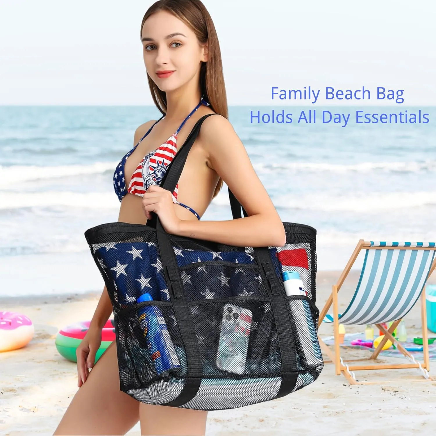 F-color Mesh Beach Bag Family - Beach Tote 9 Pockets Cruise Vacation Essentials