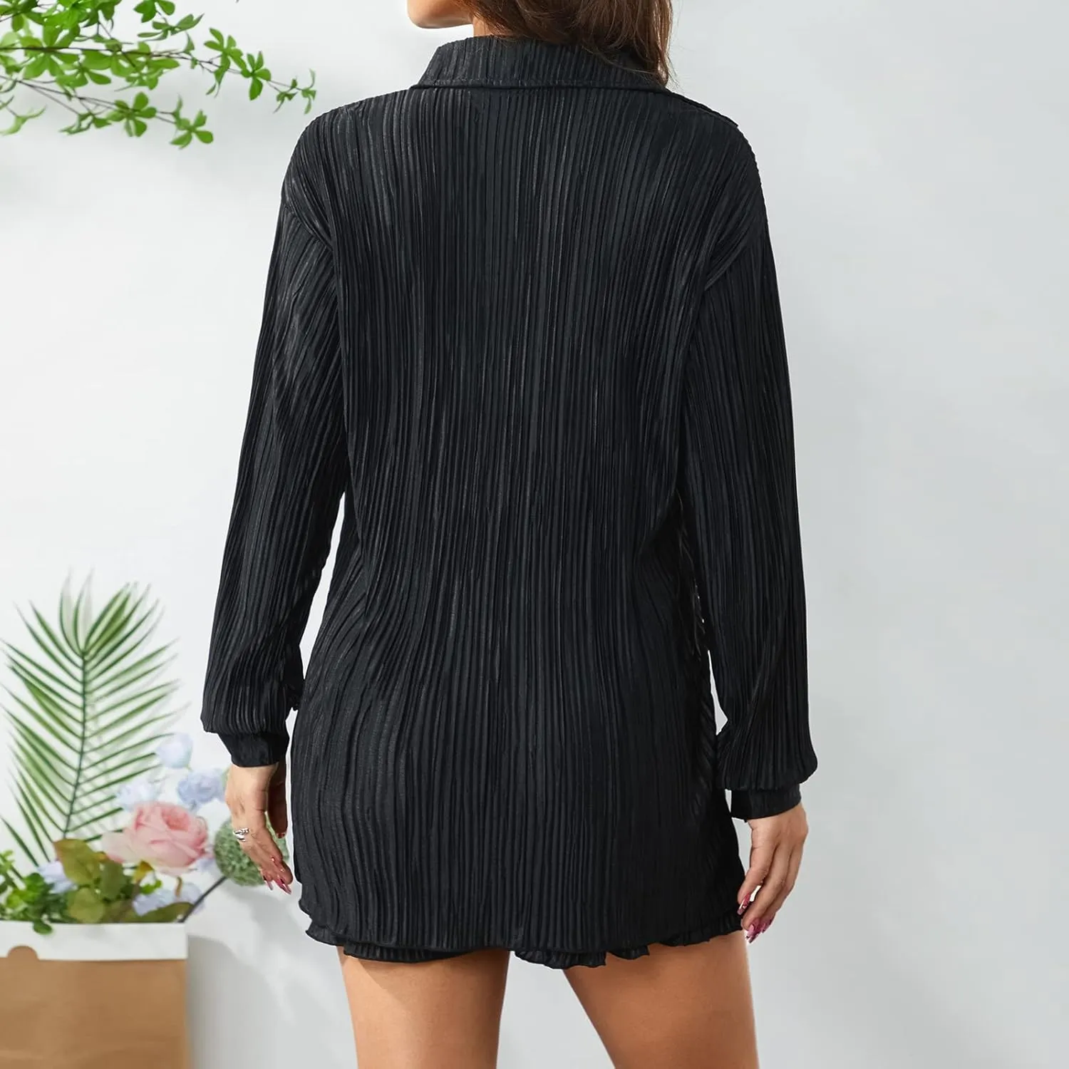 Faretumiya Women Pleated 2 Piece Outfit Long Sleeve Button Shirt Wide Leg Pants Sets Oversized Jumpsuit Streetwear Loungewear