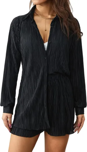 Faretumiya Women Pleated 2 Piece Outfit Long Sleeve Button Shirt Wide Leg Pants Sets Oversized Jumpsuit Streetwear Loungewear