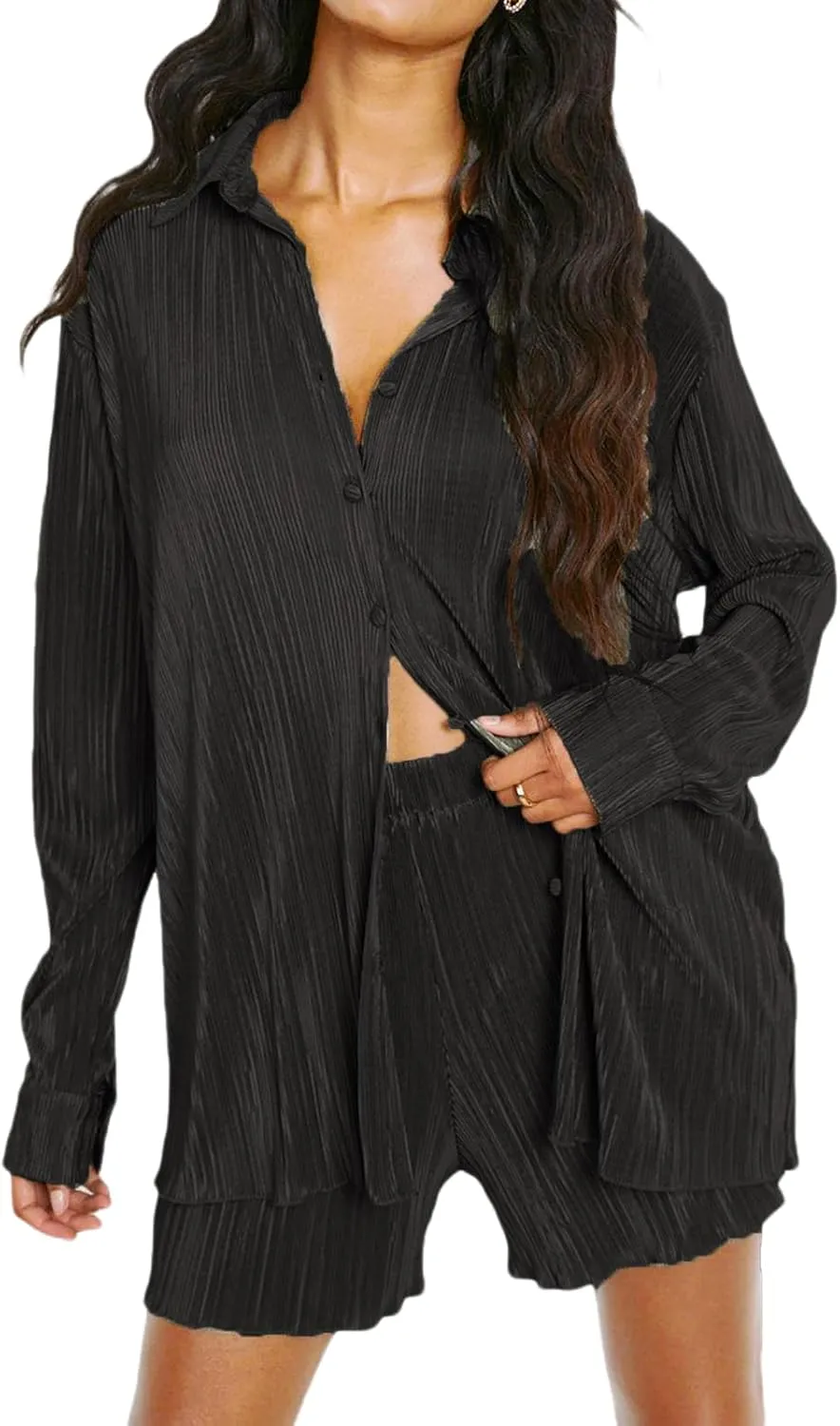Faretumiya Women Pleated 2 Piece Outfit Long Sleeve Button Shirt Wide Leg Pants Sets Oversized Jumpsuit Streetwear Loungewear