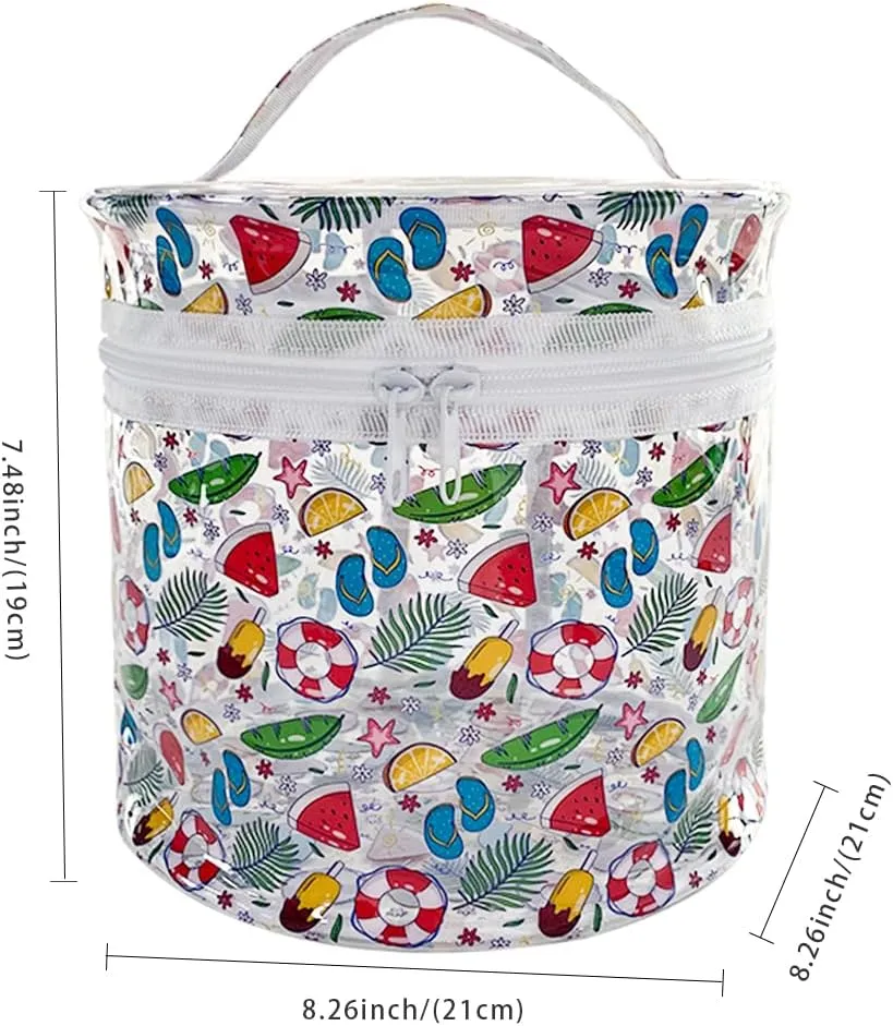Fashion printing Waterproof Barrel Zipper Cosmetic Bag Clear PVC Plastic Cylinder Travel Makeup Bag with Handle for Women, 8.26 x 8.26 x 7.48.96 inches (Panda)