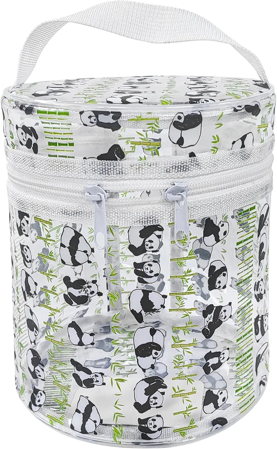 Fashion printing Waterproof Barrel Zipper Cosmetic Bag Clear PVC Plastic Cylinder Travel Makeup Bag with Handle for Women, 8.26 x 8.26 x 7.48.96 inches (Panda)