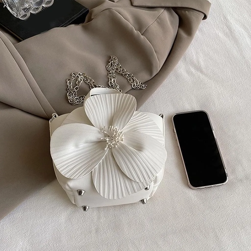 Fashionable Chain Strap Shoulder Bag Elegant PU Leather Floral Purse Prom Small Bucket Bag Crossbody Handbag for Women