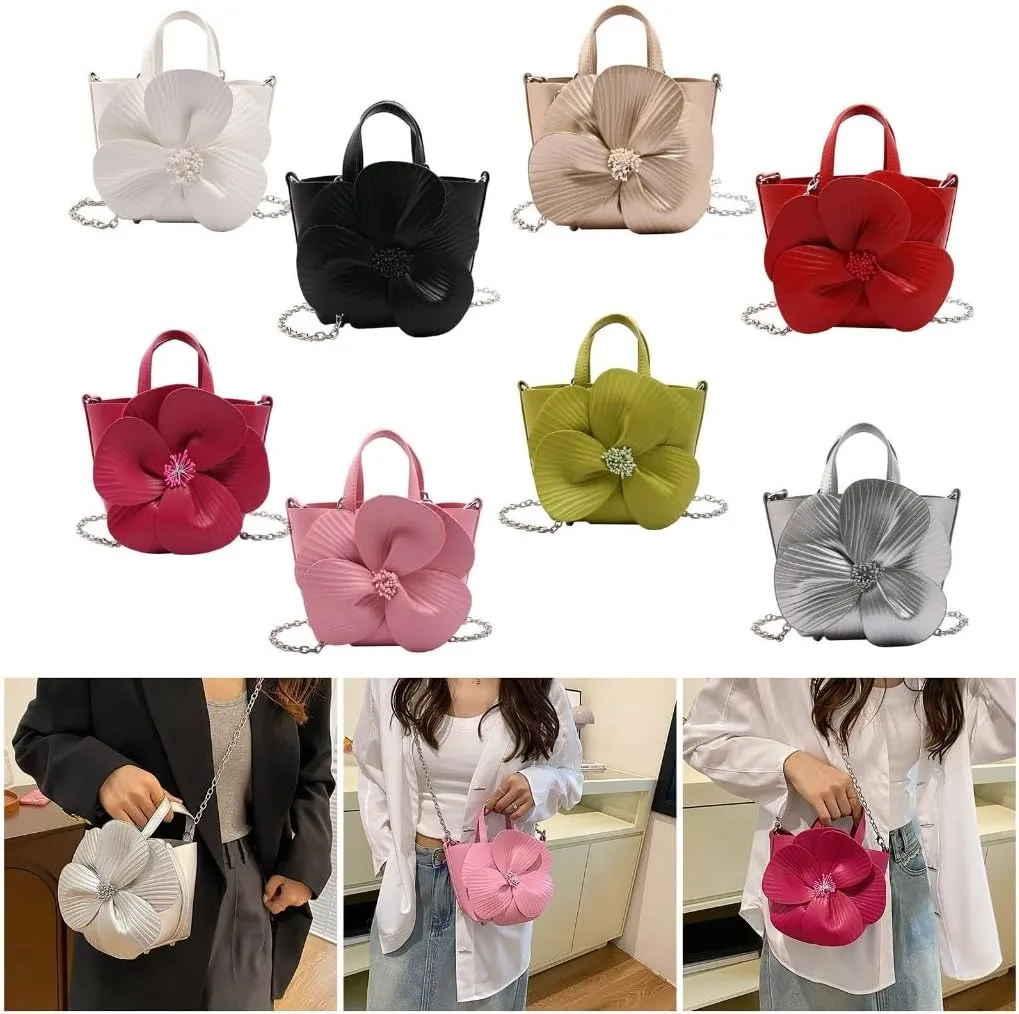 Fashionable Chain Strap Shoulder Bag Elegant PU Leather Floral Purse Prom Small Bucket Bag Crossbody Handbag for Women