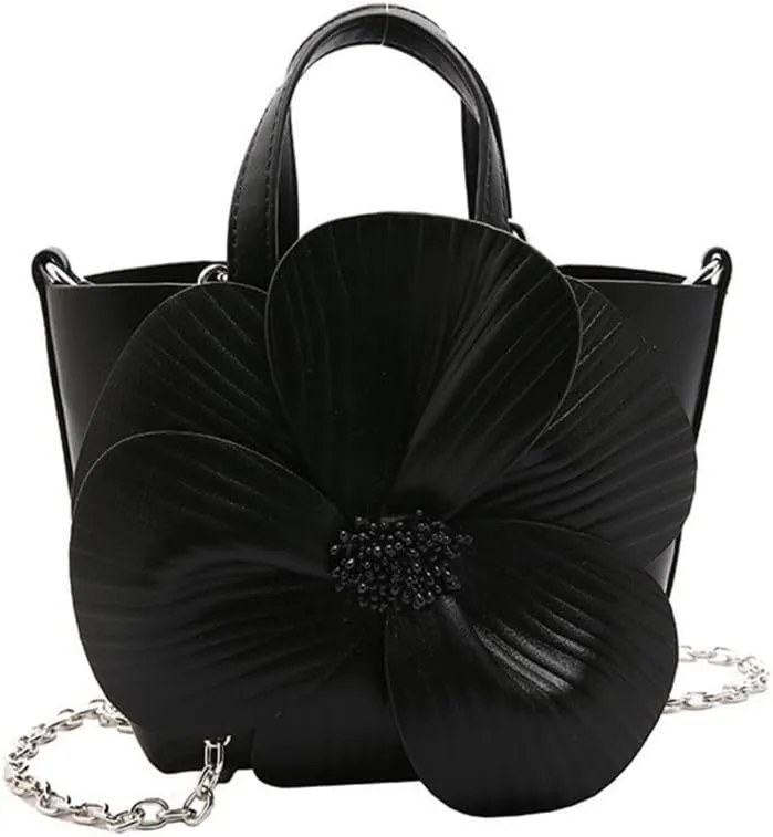 Fashionable Chain Strap Shoulder Bag Elegant PU Leather Floral Purse Prom Small Bucket Bag Crossbody Handbag for Women