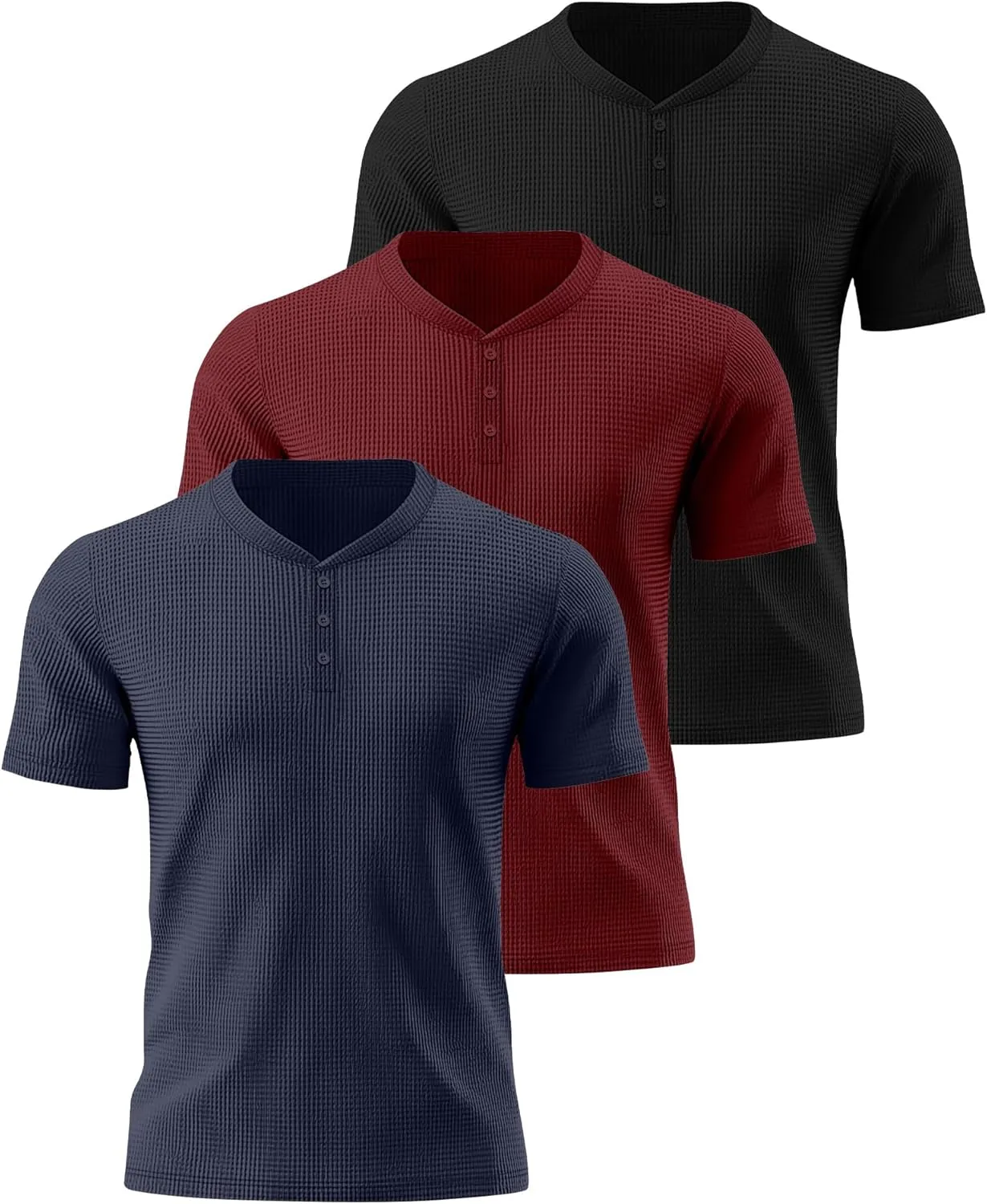 Ficerd 3 Pack Men's Waffle Henley Shirts, Short Sleeve Tees Cotton Summer Casual T-Shirts Knitted Pullover Tops 2025
