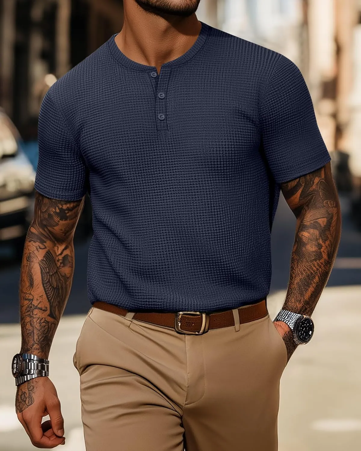 Ficerd 3 Pack Men's Waffle Henley Shirts, Short Sleeve Tees Cotton Summer Casual T-Shirts Knitted Pullover Tops 2025