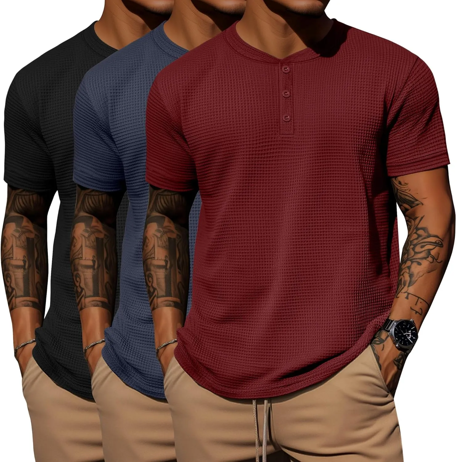 Ficerd 3 Pack Men's Waffle Henley Shirts, Short Sleeve Tees Cotton Summer Casual T-Shirts Knitted Pullover Tops 2025
