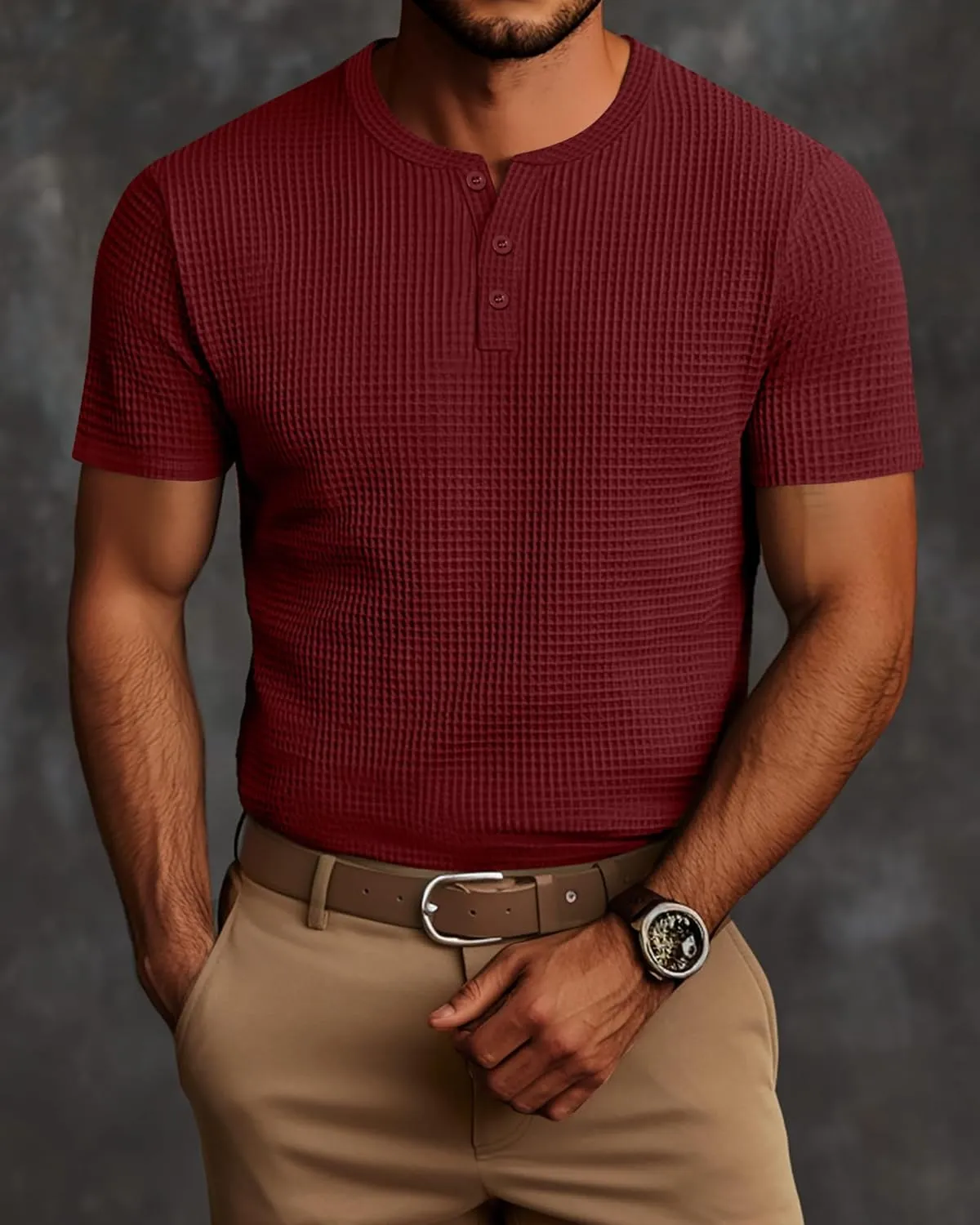 Ficerd 3 Pack Men's Waffle Henley Shirts, Short Sleeve Tees Cotton Summer Casual T-Shirts Knitted Pullover Tops 2025