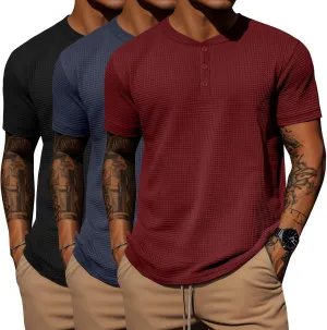 Ficerd 3 Pack Men's Waffle Henley Shirts, Short Sleeve Tees Cotton Summer Casual T-Shirts Knitted Pullover Tops 2025