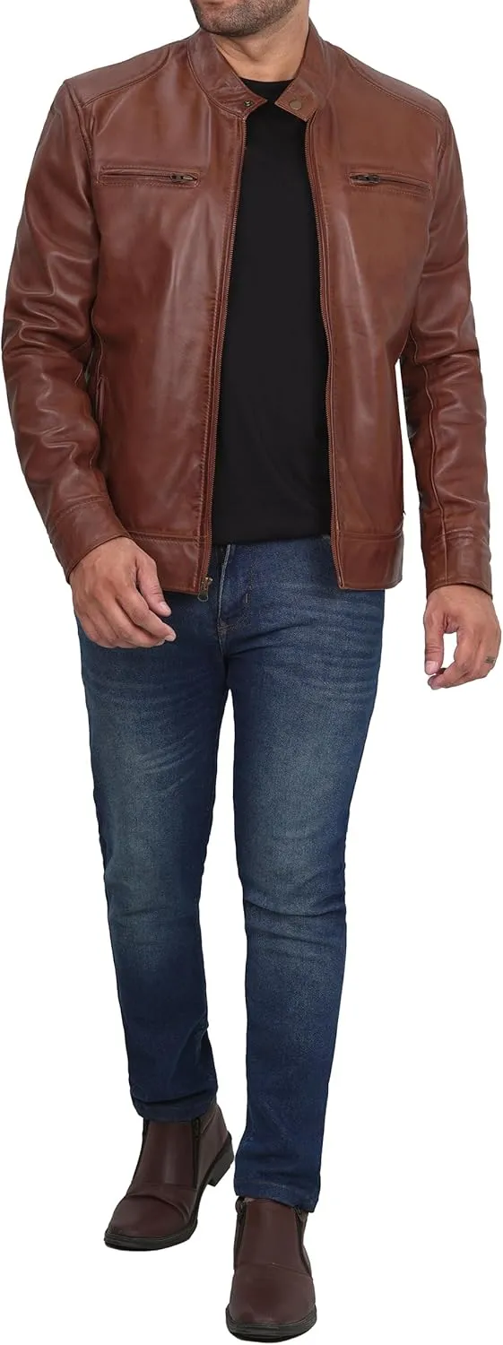 fjackets Mens Brown Leather Jacket - Real Leather Jackets For Men - Moto Style Leather Jacket Men