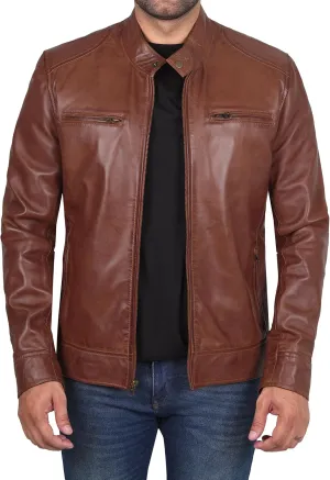 fjackets Mens Brown Leather Jacket - Real Leather Jackets For Men - Moto Style Leather Jacket Men