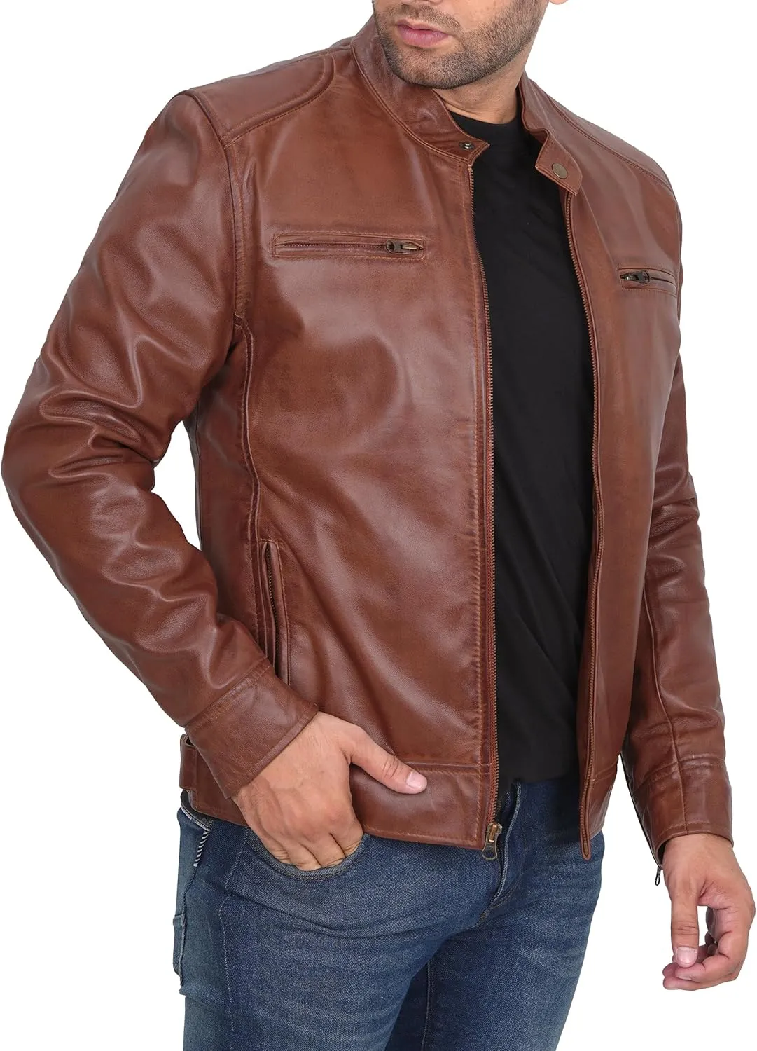 fjackets Mens Brown Leather Jacket - Real Leather Jackets For Men - Moto Style Leather Jacket Men