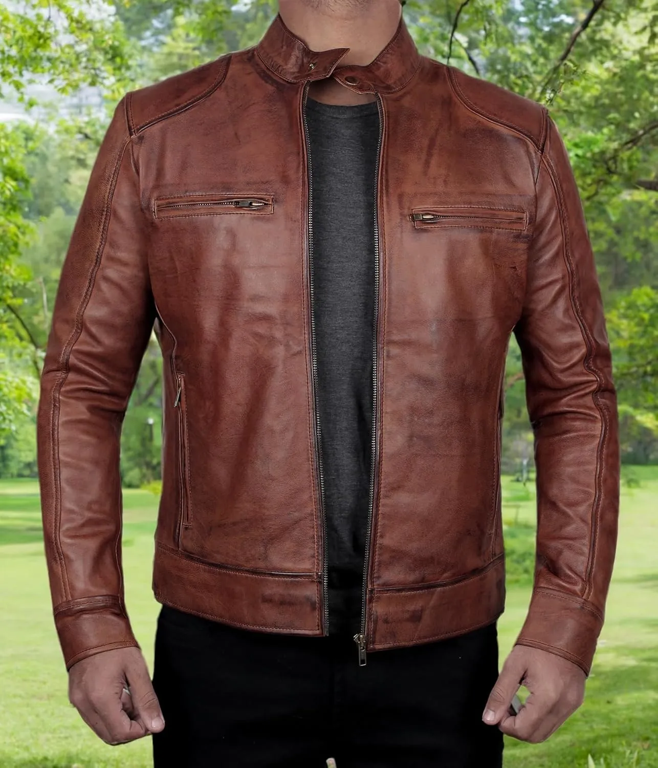 fjackets Mens Brown Leather Jacket - Real Leather Jackets For Men - Moto Style Leather Jacket Men