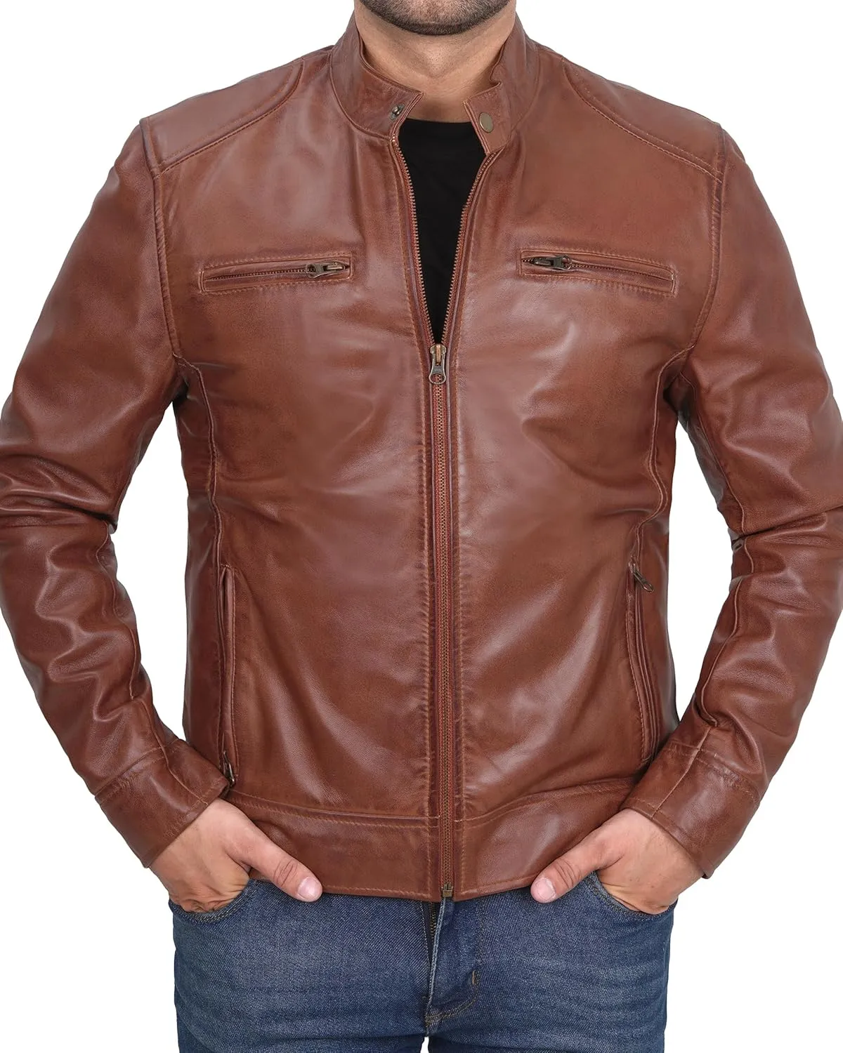 fjackets Mens Brown Leather Jacket - Real Leather Jackets For Men - Moto Style Leather Jacket Men