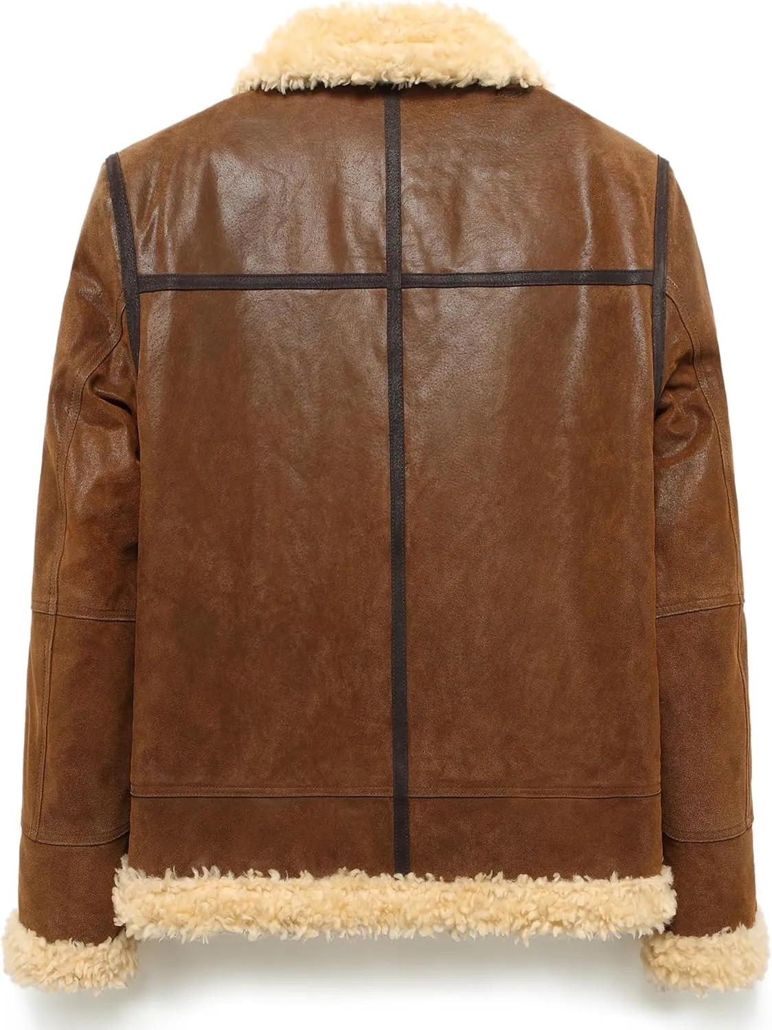 FLAVOR Men's Leather Bomber Jacket Winter Warm Shearling Aviator Jackets with Adjustable Belt Strap