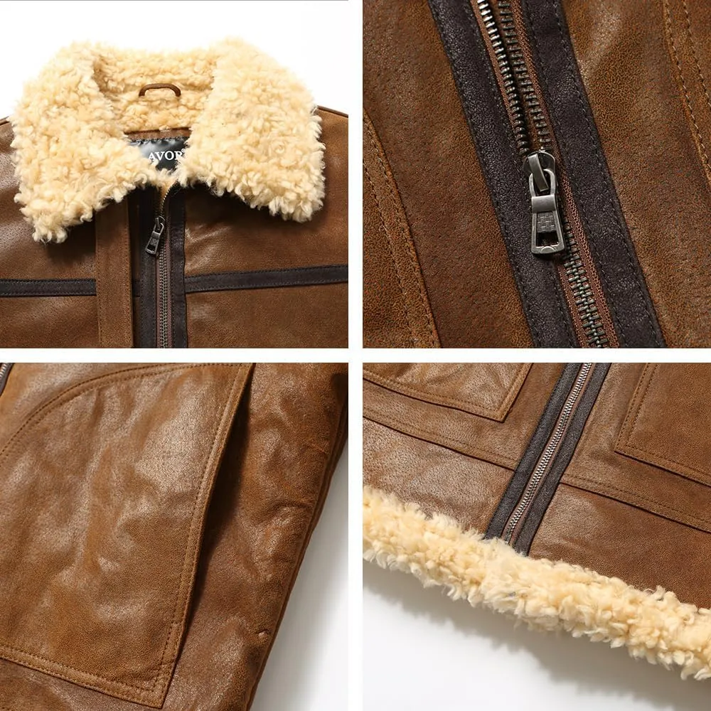 FLAVOR Men's Leather Bomber Jacket Winter Warm Shearling Aviator Jackets with Adjustable Belt Strap
