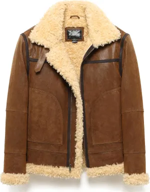 FLAVOR Men's Leather Bomber Jacket Winter Warm Shearling Aviator Jackets with Adjustable Belt Strap