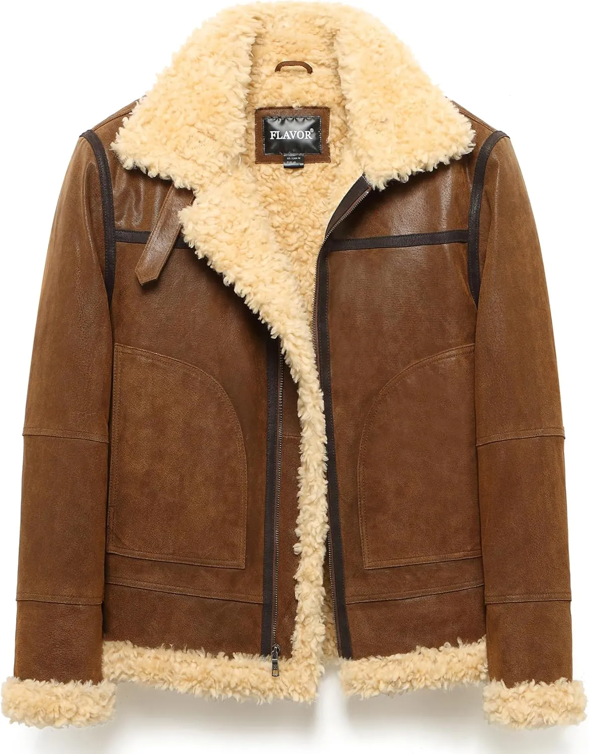 FLAVOR Men's Leather Bomber Jacket Winter Warm Shearling Aviator Jackets with Adjustable Belt Strap