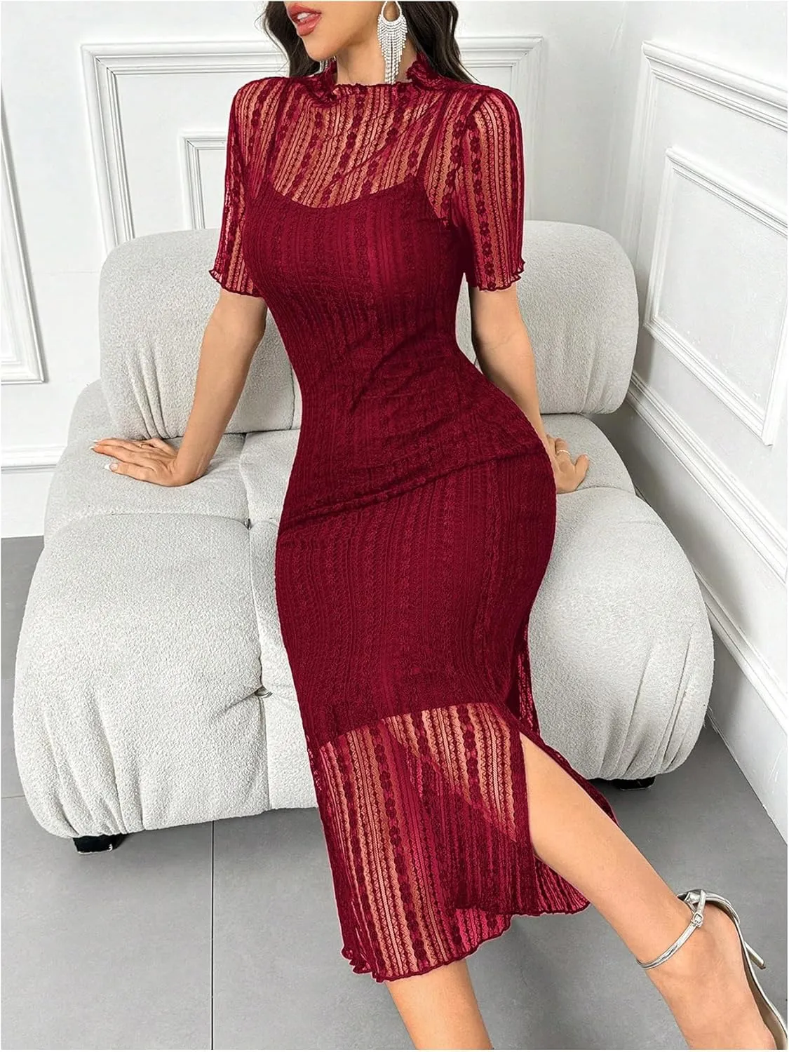 Floerns Women's Contrast Lace Mock Neck Pencil Dress Mesh Short Sleeve Slit Midi Dresses