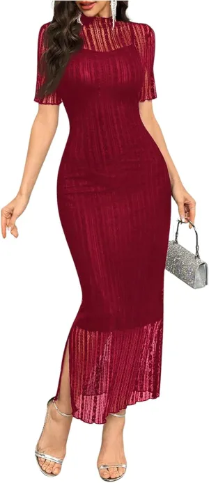 Floerns Women's Contrast Lace Mock Neck Pencil Dress Mesh Short Sleeve Slit Midi Dresses