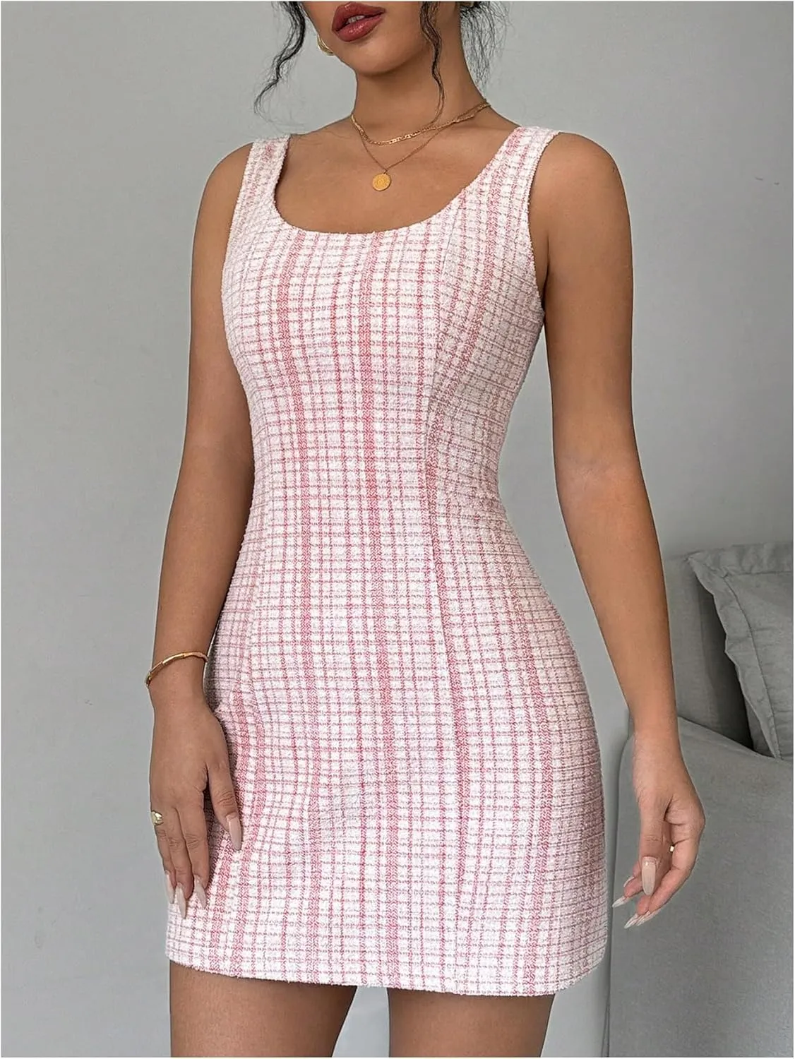 Floerns Women's Plaid Print Scoop Neck Mini Dress Summer Sleeveless Tank Dress