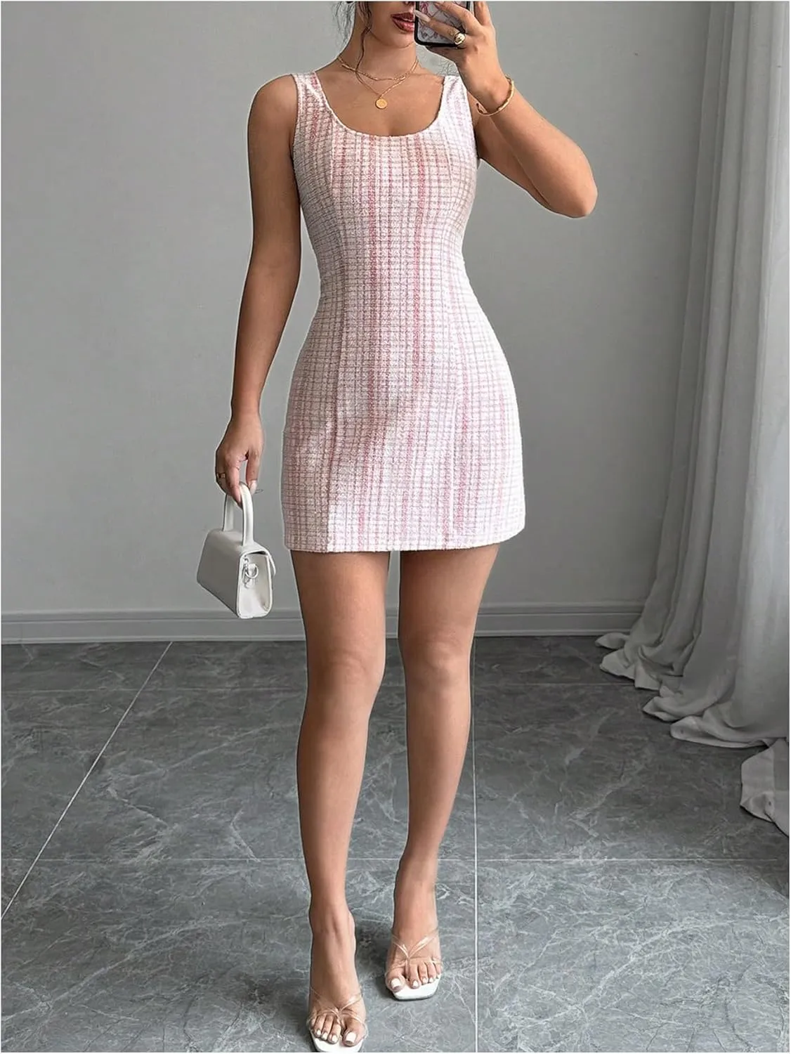 Floerns Women's Plaid Print Scoop Neck Mini Dress Summer Sleeveless Tank Dress