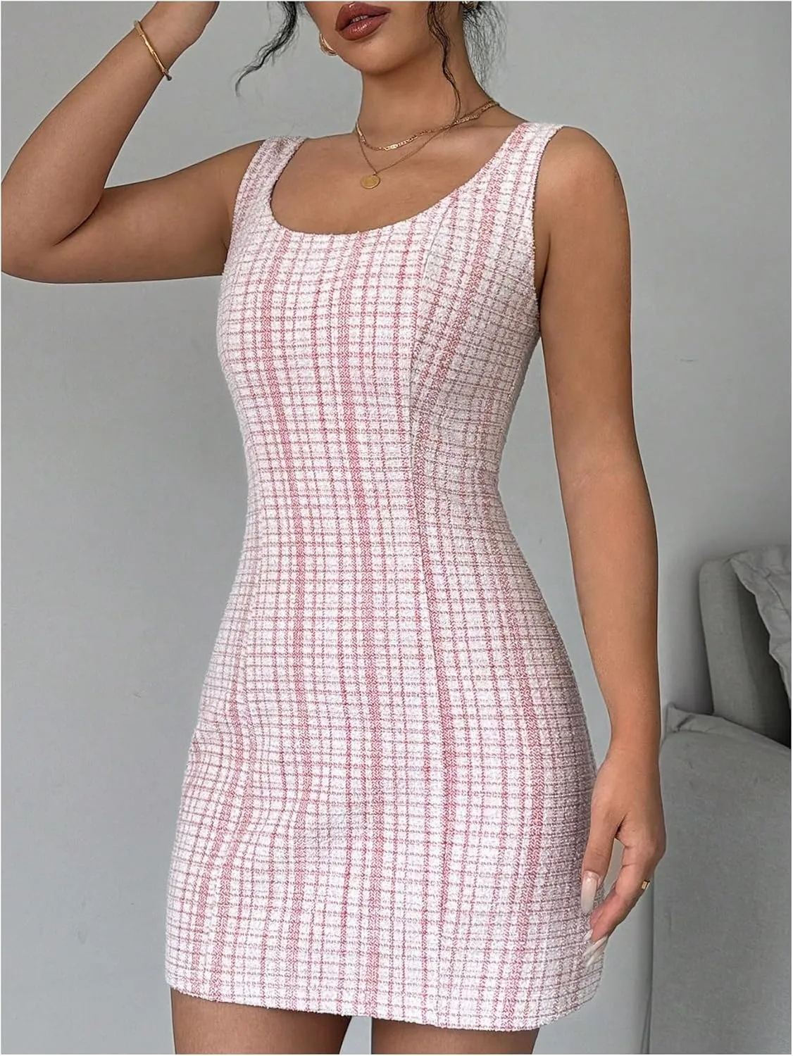 Floerns Women's Plaid Print Scoop Neck Mini Dress Summer Sleeveless Tank Dress