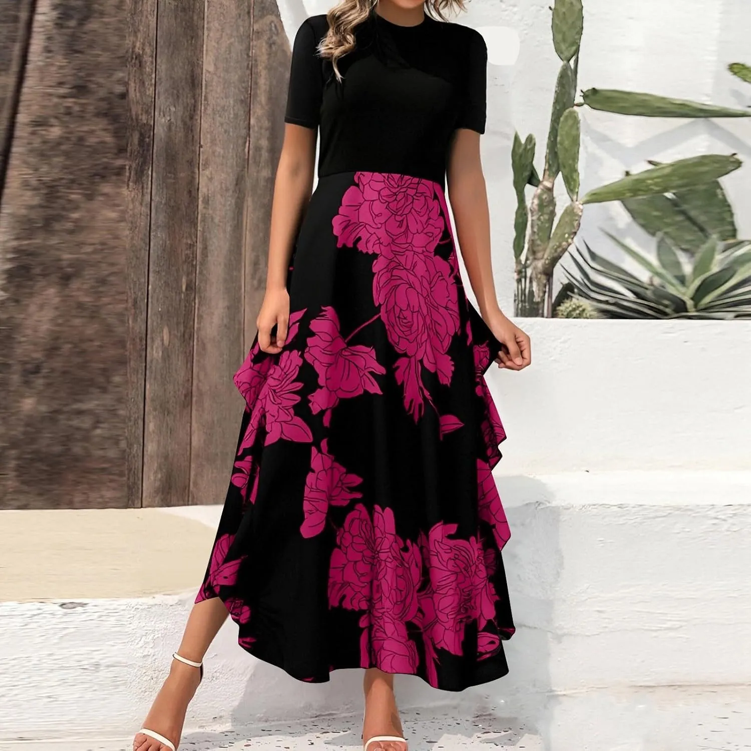 Floral Dress for Women Summer Casual Flowy Short Sleeve Ruffle Empire Waist Pleated Work Prom A Line Maxi Dresses