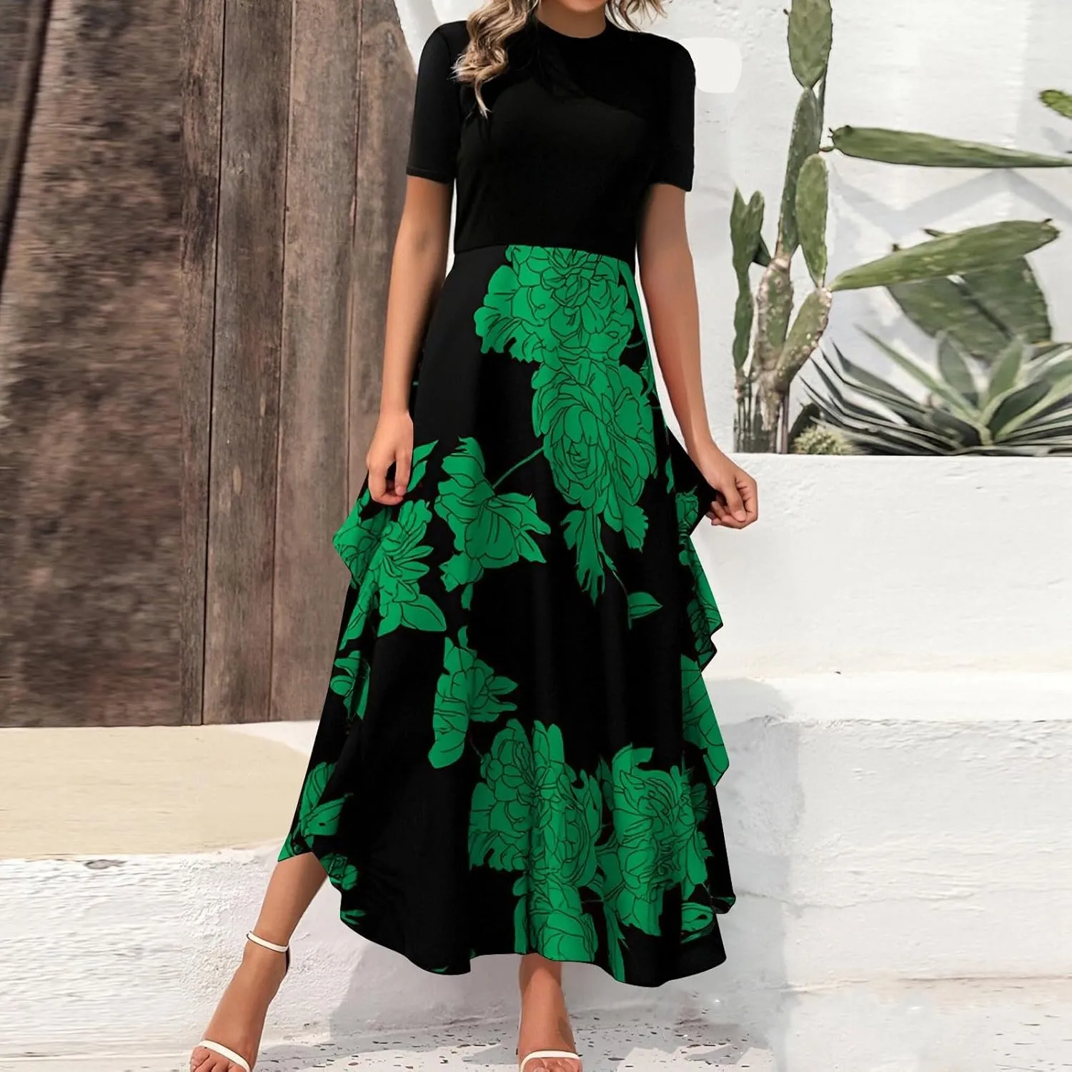 Floral Dress for Women Summer Casual Flowy Short Sleeve Ruffle Empire Waist Pleated Work Prom A Line Maxi Dresses