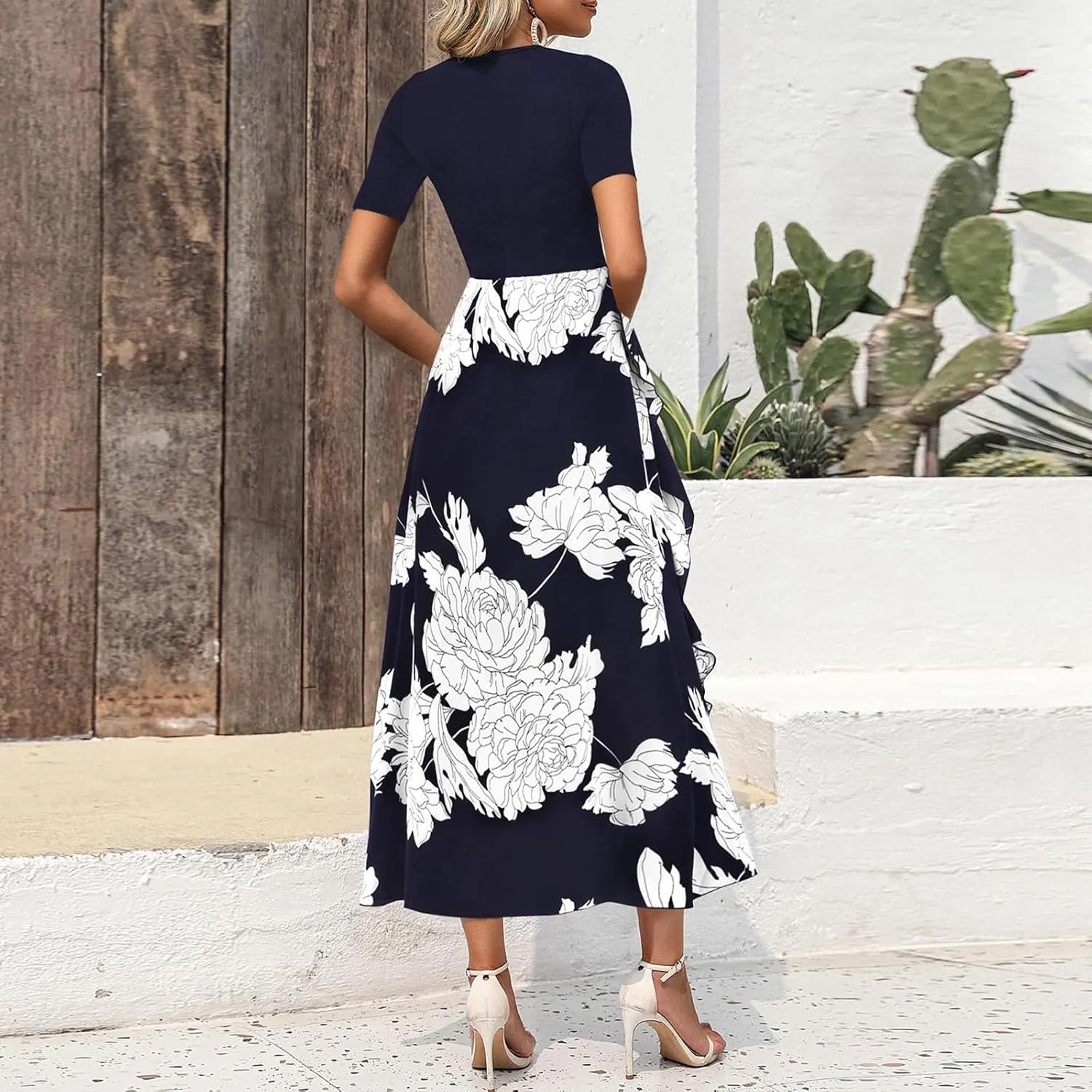 Floral Dress for Women Summer Casual Flowy Short Sleeve Ruffle Empire Waist Pleated Work Prom A Line Maxi Dresses