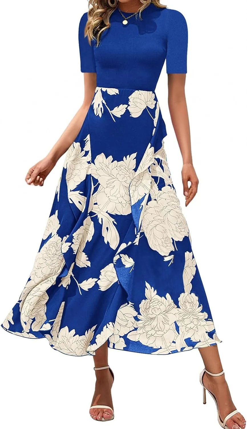 Floral Dress for Women Summer Casual Flowy Short Sleeve Ruffle Empire Waist Pleated Work Prom A Line Maxi Dresses