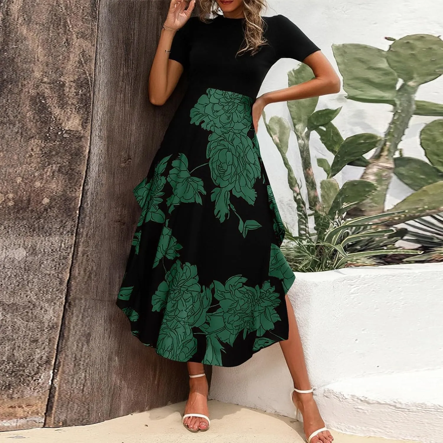 Floral Dress for Women Summer Casual Flowy Short Sleeve Ruffle Empire Waist Pleated Work Prom A Line Maxi Dresses