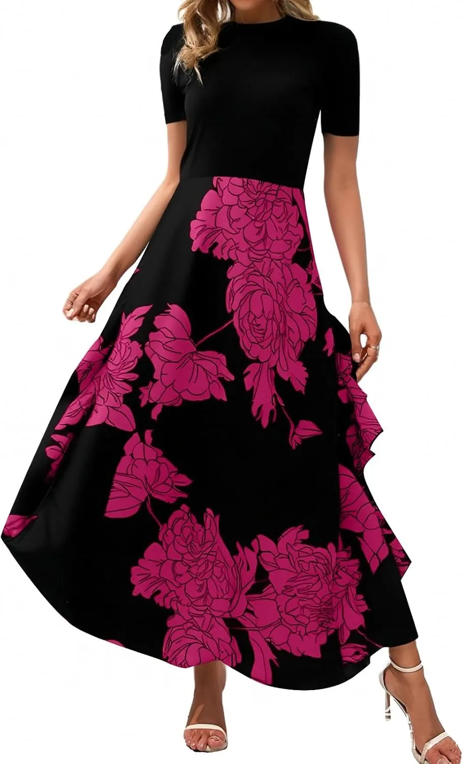 Floral Dress for Women Summer Casual Flowy Short Sleeve Ruffle Empire Waist Pleated Work Prom A Line Maxi Dresses