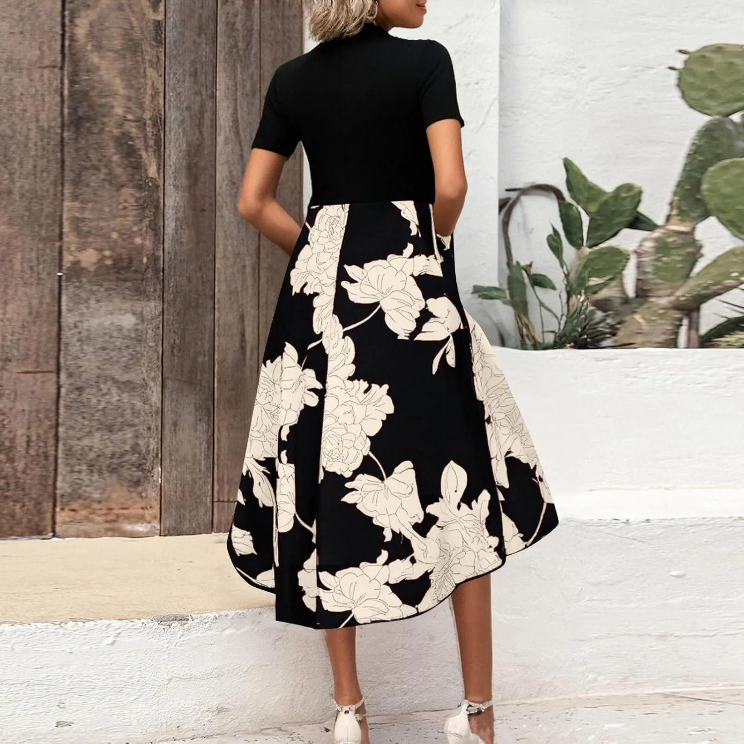 Floral Dress for Women Summer Casual Flowy Short Sleeve Ruffle Empire Waist Pleated Work Prom A Line Maxi Dresses