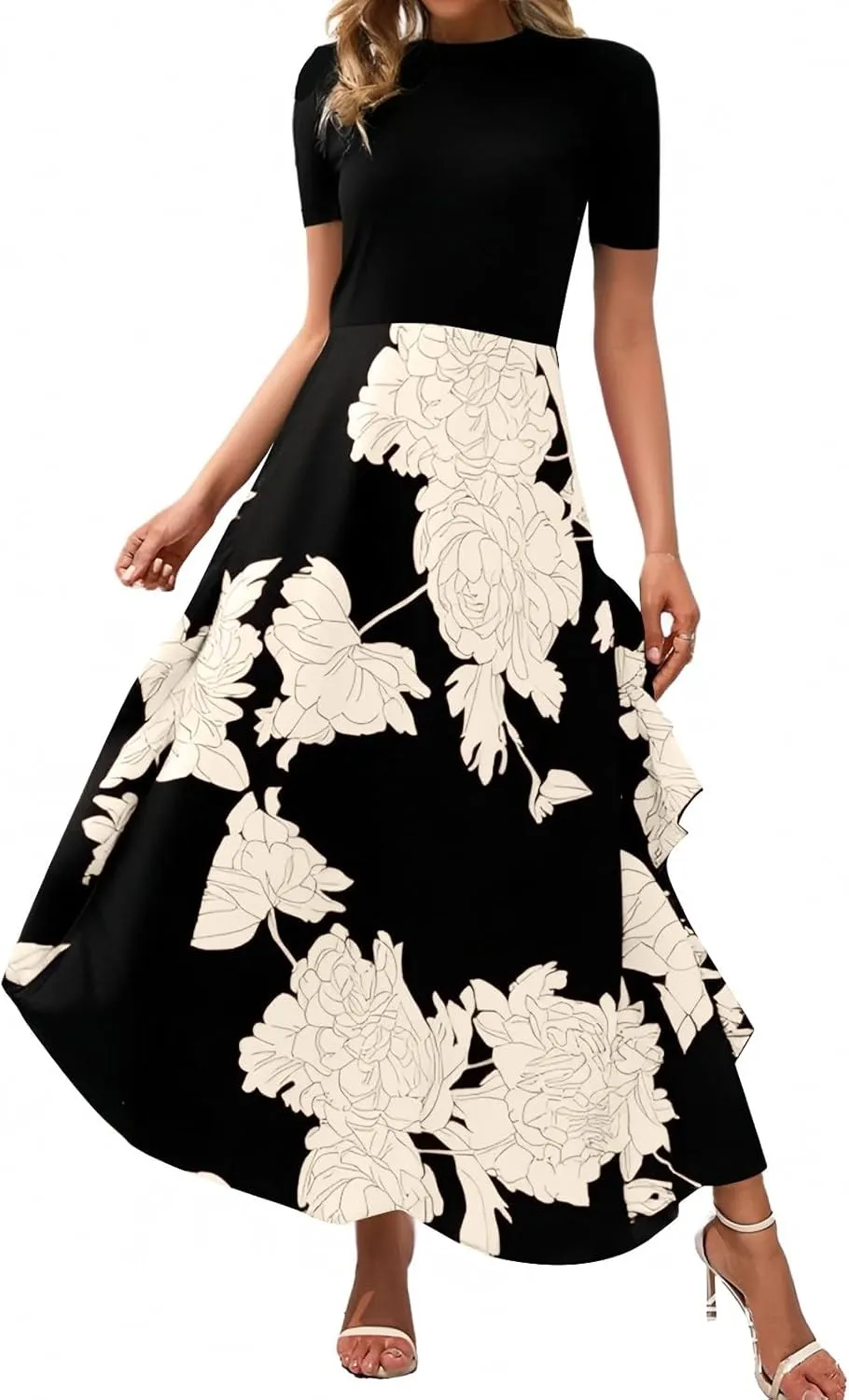 Floral Dress for Women Summer Casual Flowy Short Sleeve Ruffle Empire Waist Pleated Work Prom A Line Maxi Dresses
